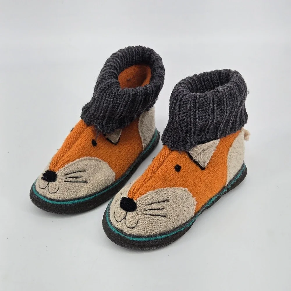 Garnet Hill Kids Boiled Wool Fox Slipper Boots Orange Gray Sock Cuff Size 9C GUC